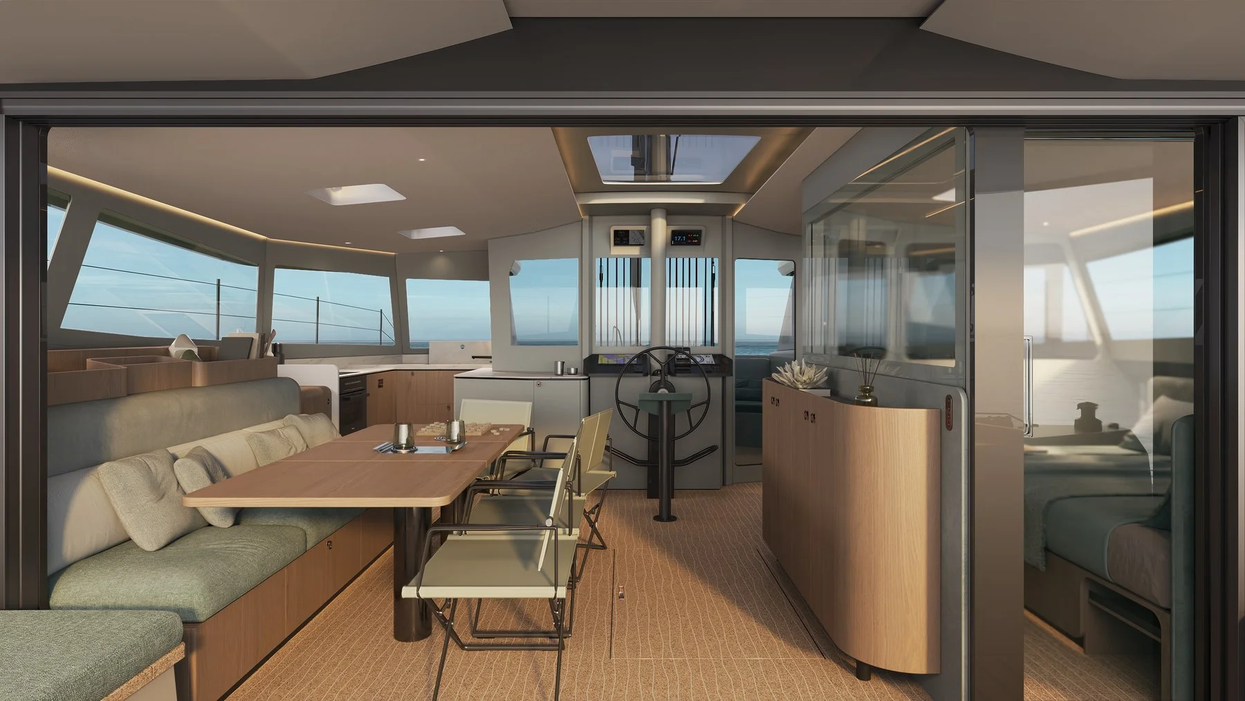 VMG 53 saloon render with dining area and galley